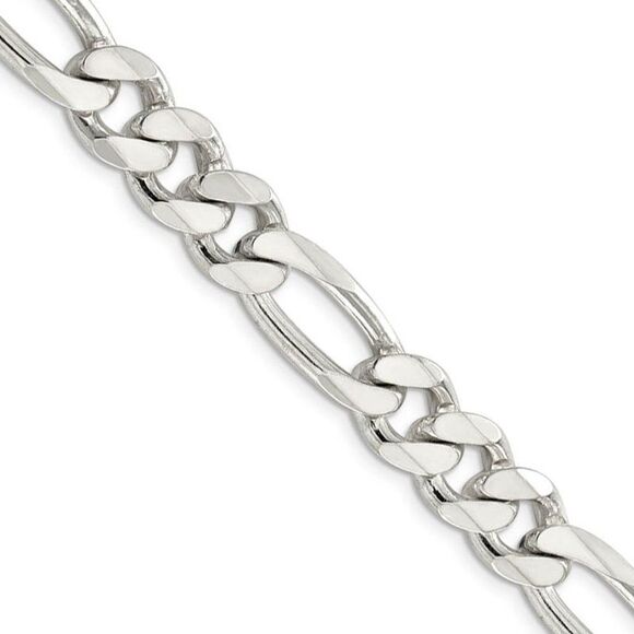 Men's 10.5mm Sterling Silver Pave Flat Figaro Chain Necklace 24 Inch